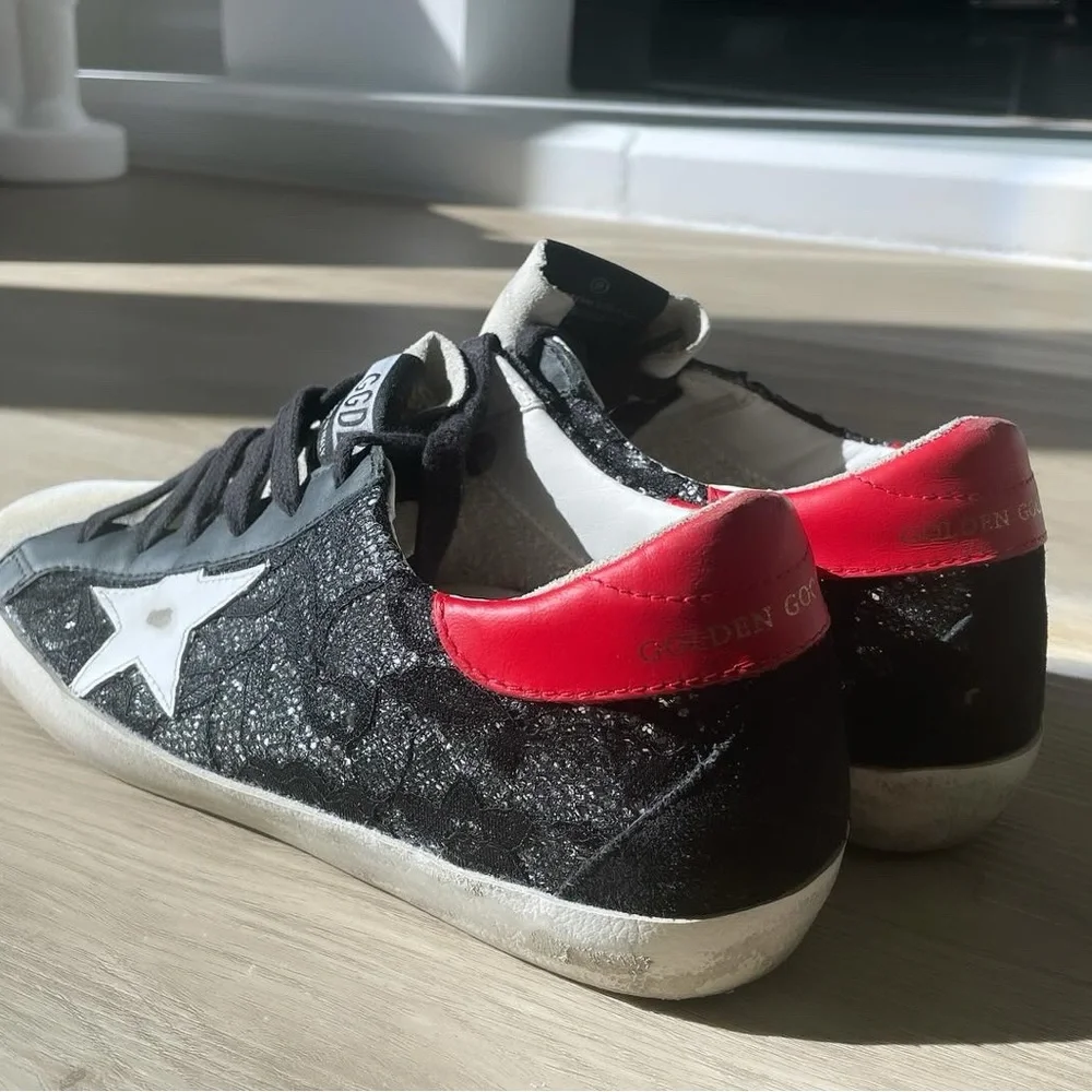 Golden Goose Black Lace Star Sneakers with Red Heal